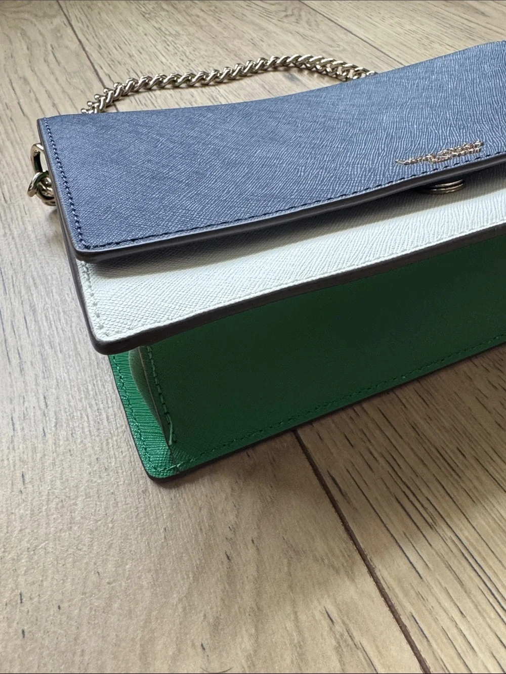 Kate Spade Navy Blue White Green Crossbody Purse Bag Silver Hardware Chain
